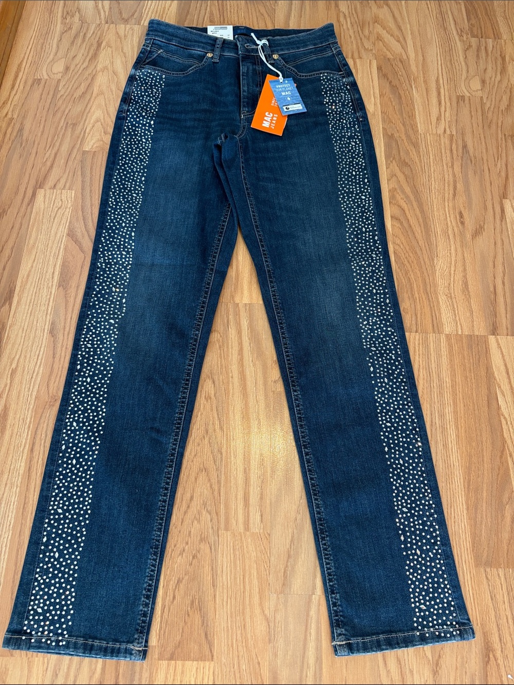 NWT MAC Dark Blue Straight-Leg Jeans with Side Rhinestone Detail